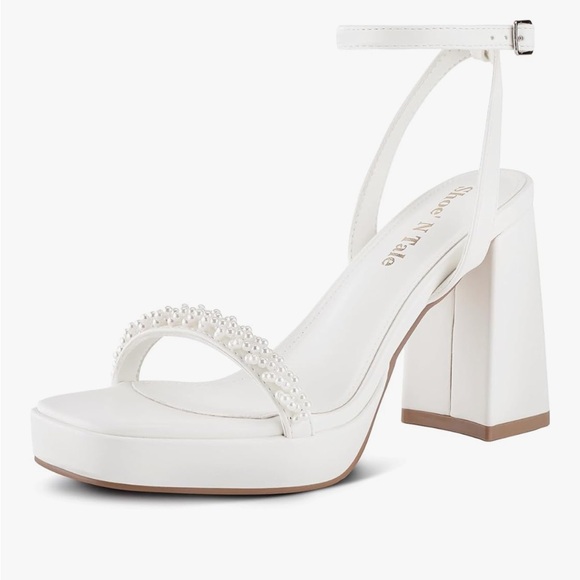 White Block Heel Sandals With Pearl Straps - Picture 1 of 7
